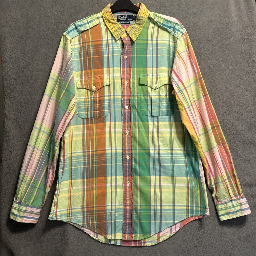 Vintage Polo Ralph Lauren Trim Military Epaulettes Shirt Mens L Madras Plaid